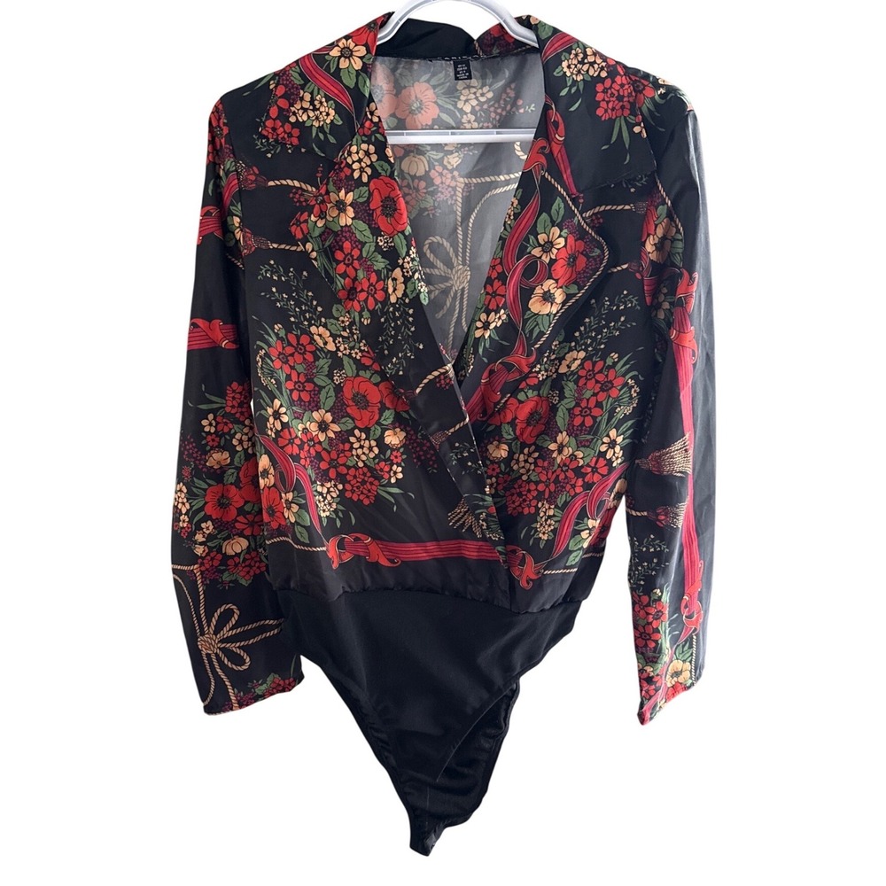 Parisian Floral Scarf Print Wrap Bodysuit Black Red Tassel Long Sleeve US 8
